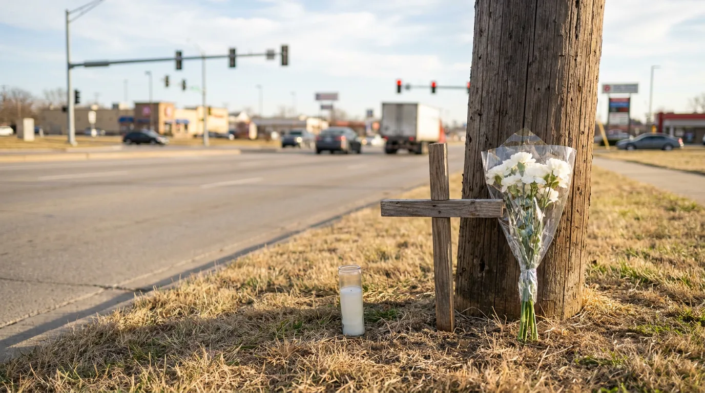 wooden cross, candle, and flowers mark roadside memorial near busy intersection
