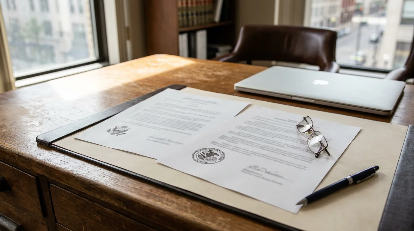 Federal And Illinois State Legal Documents On Desk Signed legal document with official seal, eyeglasses, pen, and laptop on desk