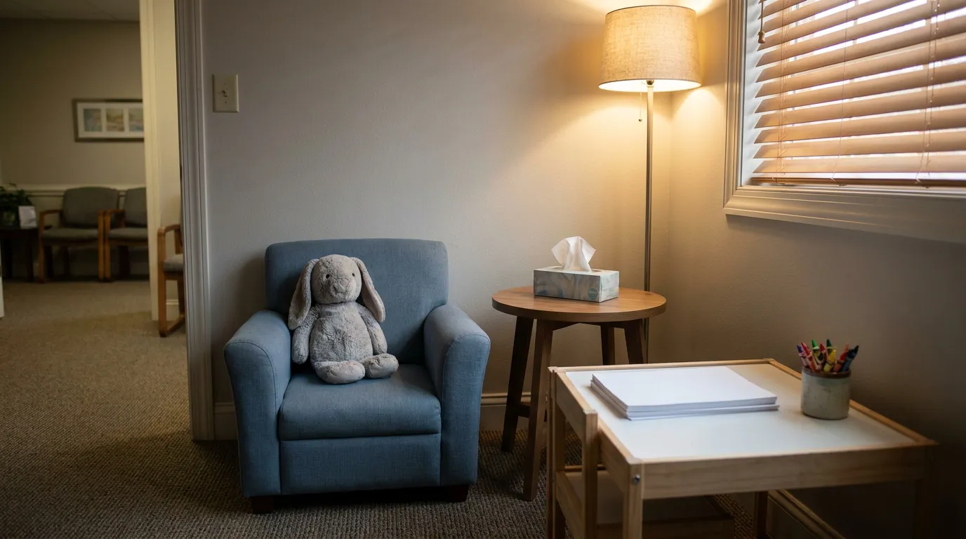 Child-sized chair with stuffed rabbit beside tissue box and drawing table