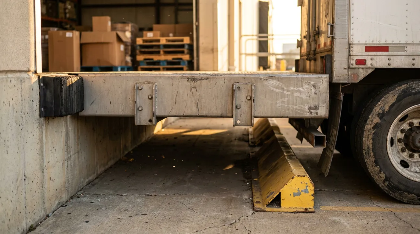 Truck Underride Guard Kansas City Loading Dock delivery truck trailer backed against warehouse loading dock with wheel chock