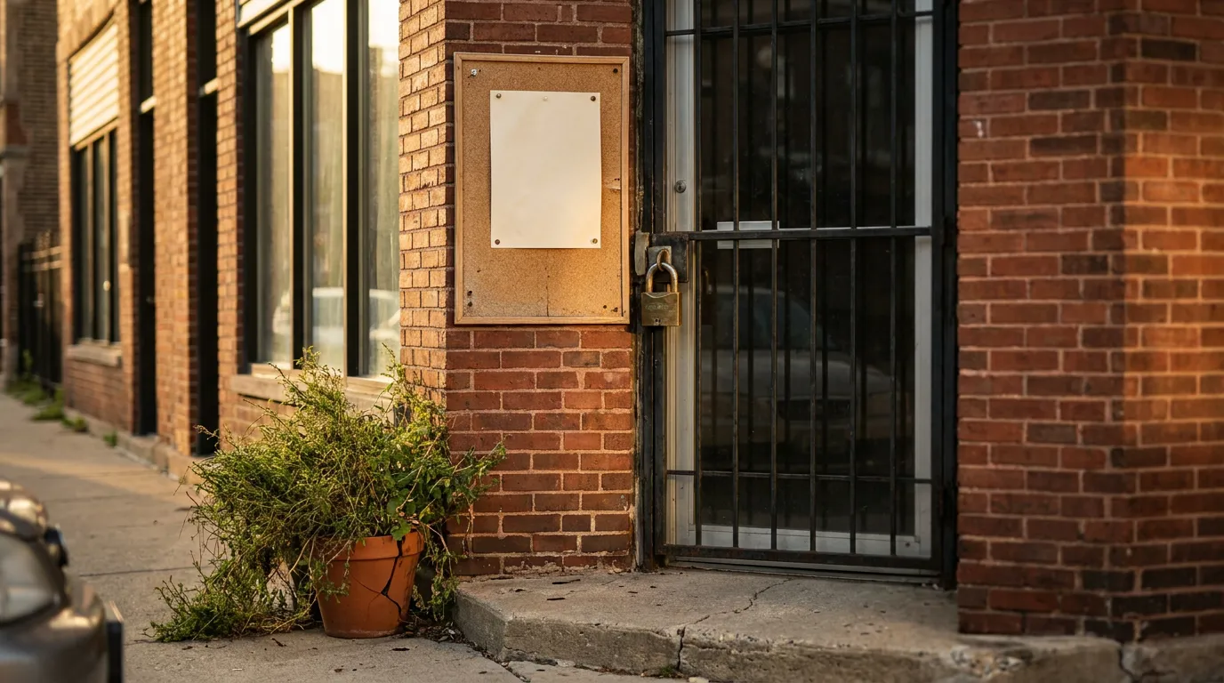 Locked Illinois Storefront Breach Of Contract Dispute Padlocked security gate on brick storefront with blank notice board posted