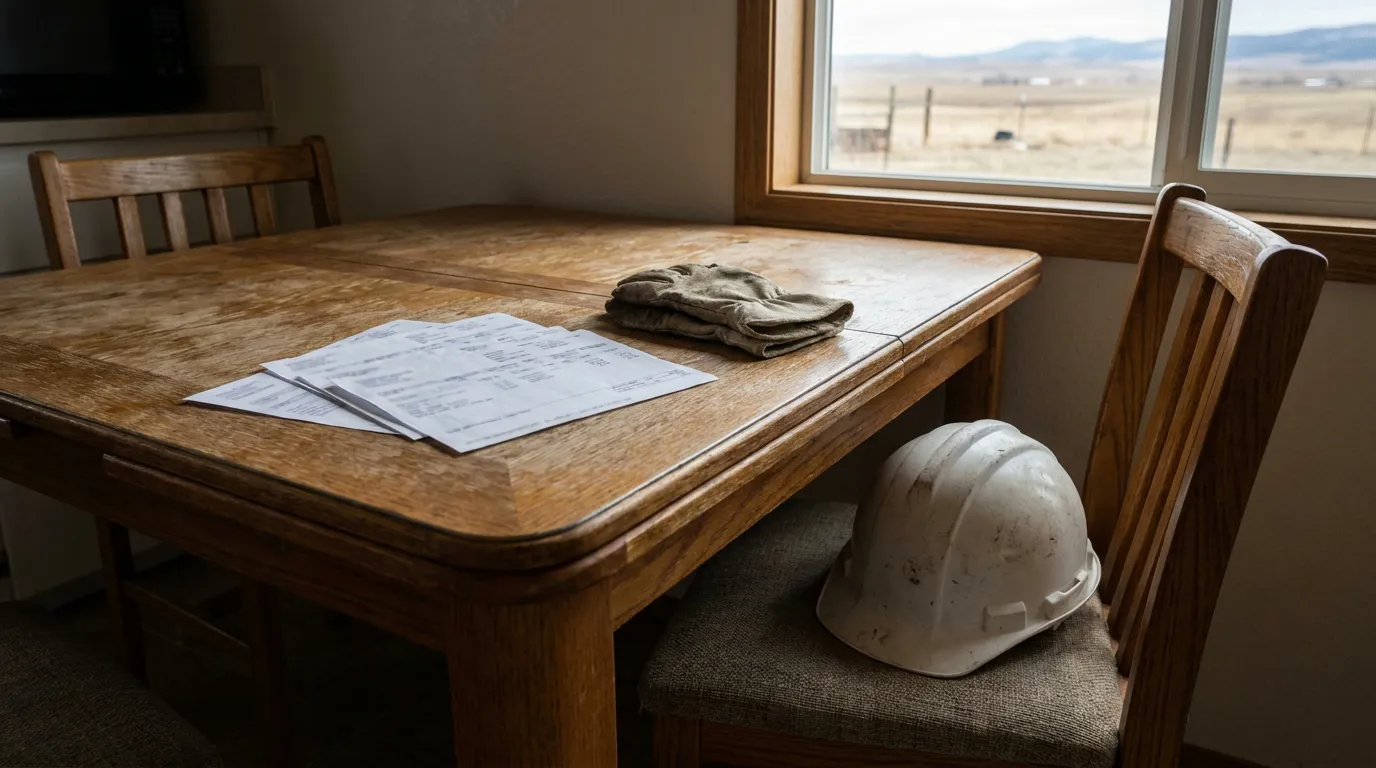 Montana Workers Comp Wage Statement And Hard Hat Hard hat on chair beside work gloves and documents on wooden table