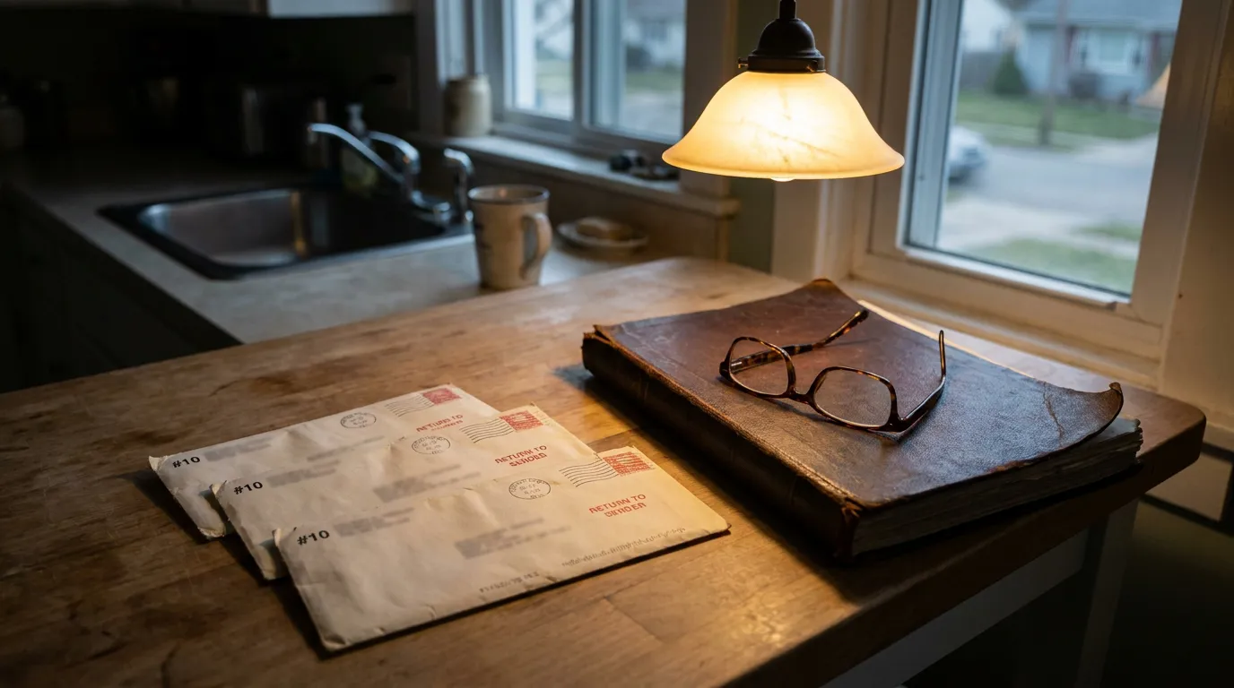 Illinois LLC Member Returned Mail Evidence Return to sender envelopes stacked beside eyeglasses on worn leather book