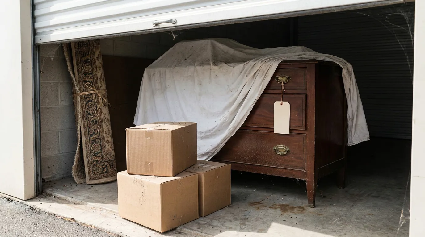storage unit with covered dresser, tagged drawer, rolled rug, and cardboard boxes