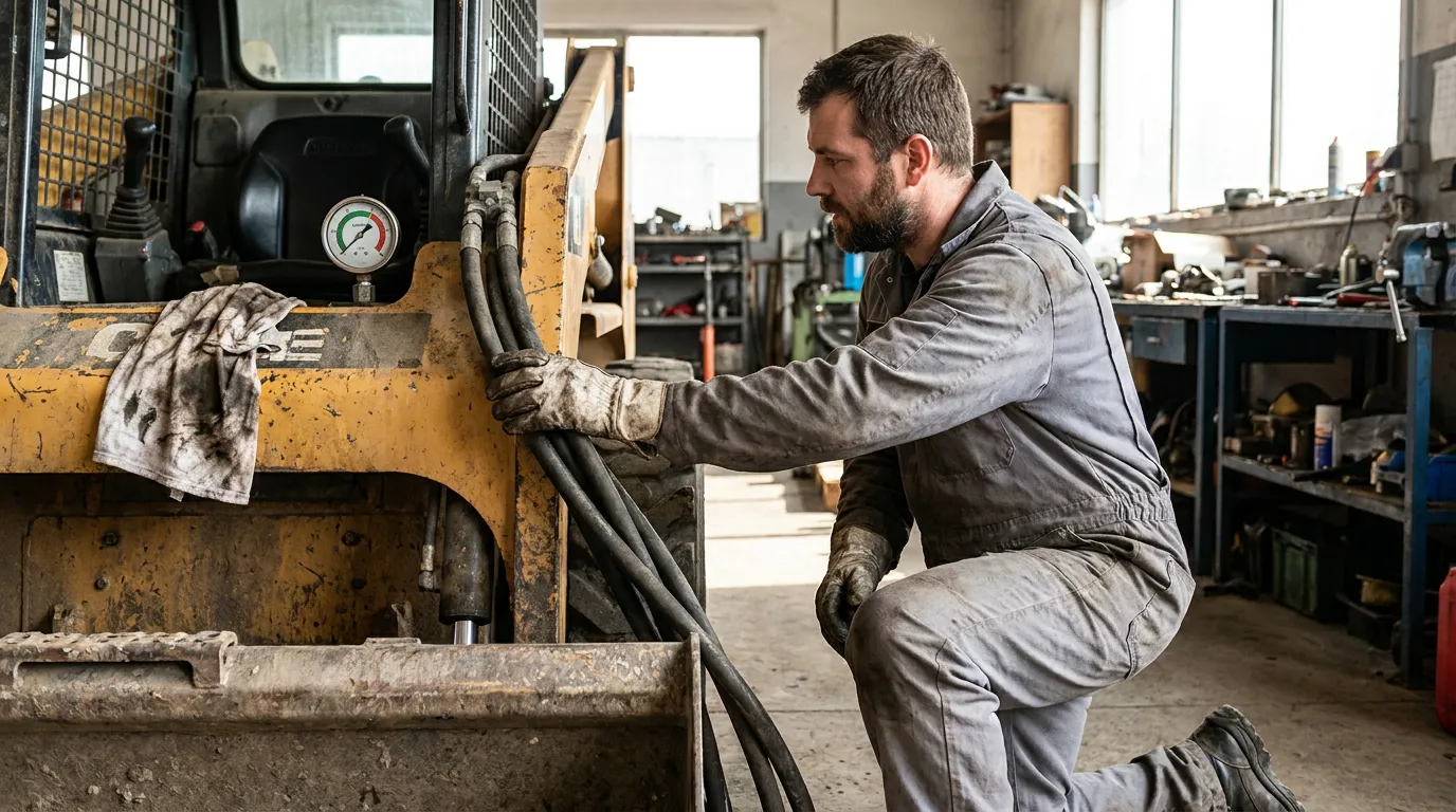 Worker in coveralls inspects hydraulic hoses on skid steer loader in workshop