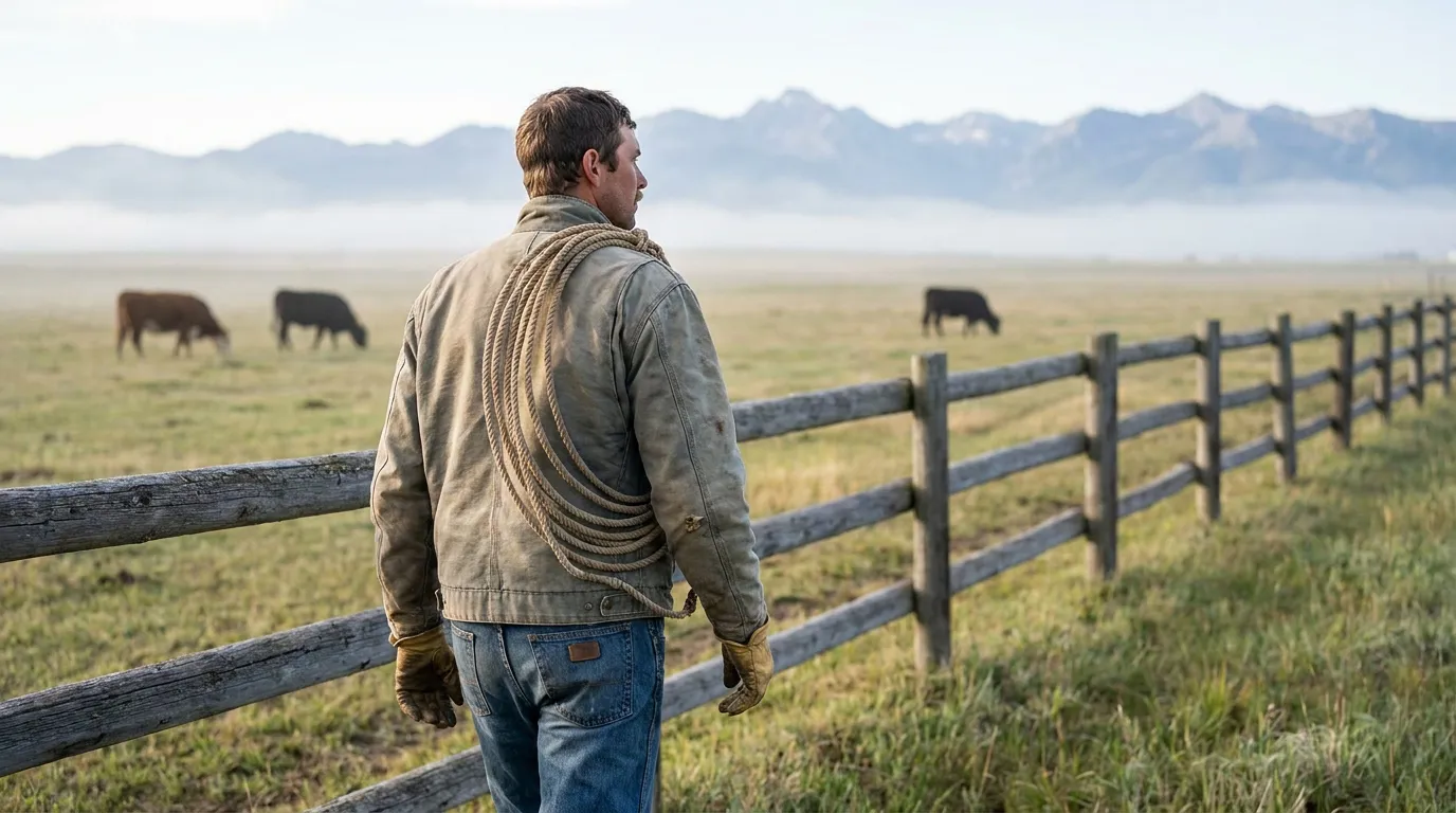 Montana Ranch Worker Injury Rights Rancher carrying coiled rope stands by wooden fence overlooking grazing cattle pasture