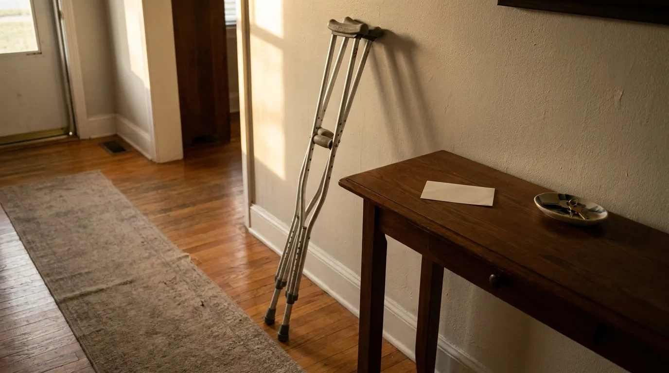 Unused Crutches Indianapolis Injury Treatment Gap Pair of crutches leaning against entryway wall beside wooden console table
