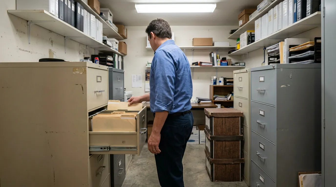 Illinois Attorney Reviewing Written Contract Files attorney reviewing manila folders in open filing cabinet drawer records room