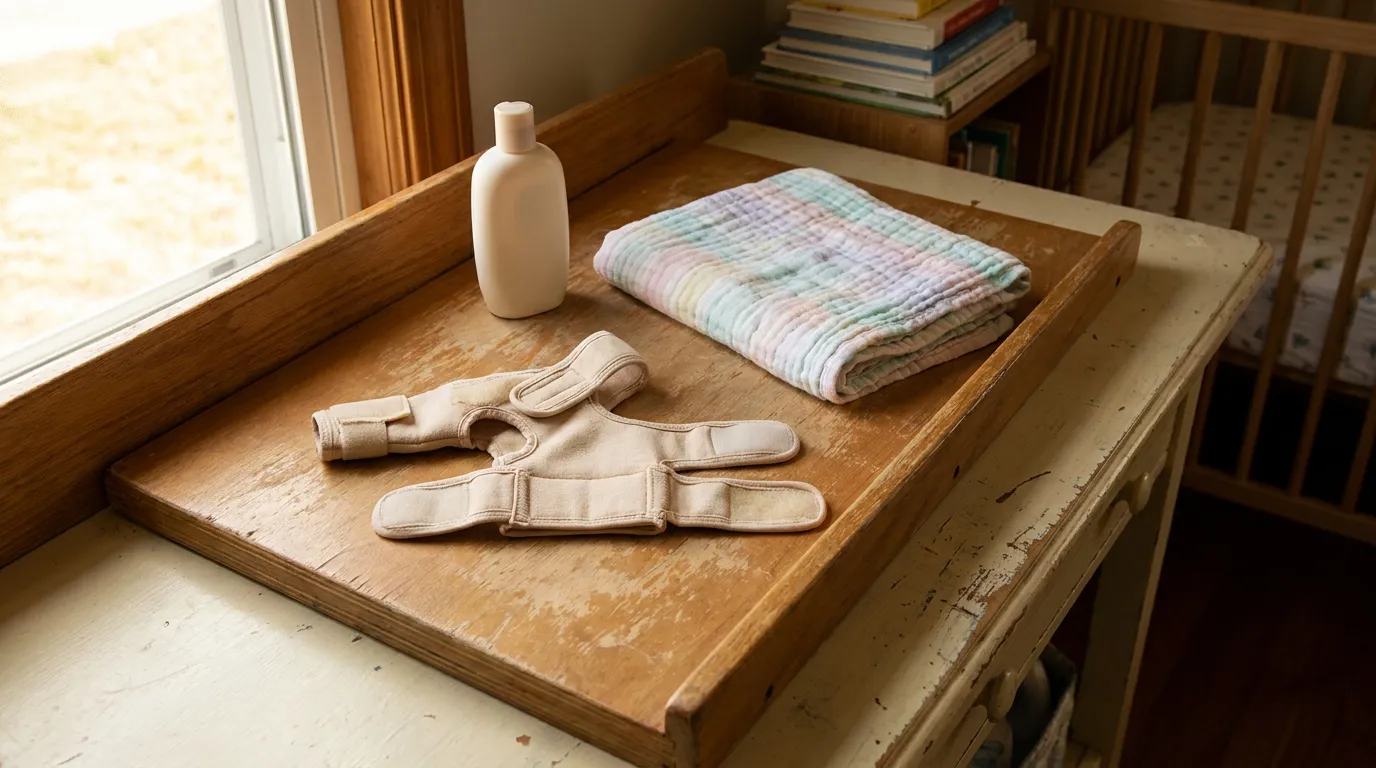 Infant Arm Brace Houston Birth Injury Case cloth diaper, lotion bottle, and folded blanket on wooden changing table