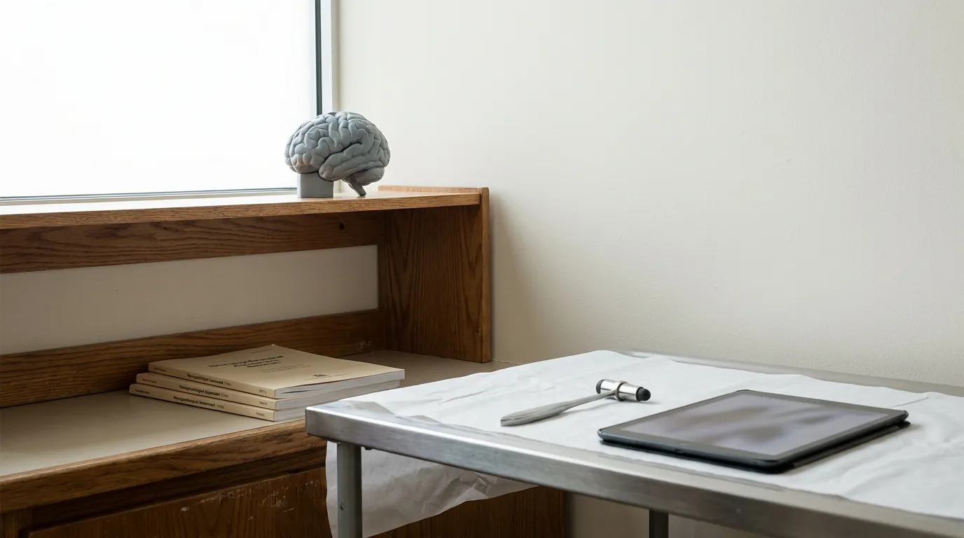 Neurological Exam Room For FAA Brain Injury Evaluation brain model on shelf beside reflex hammer and tablet in exam room