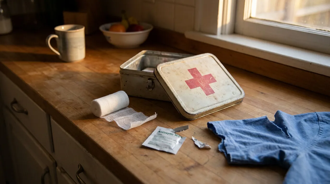vintage red cross first aid tin with gauze roll and antiseptic wipe