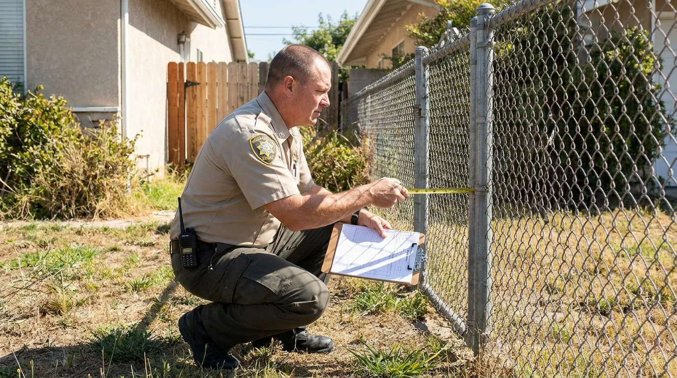 Animal Control Officer Investigating Dog Scratch Incident Newport Beach Uniformed officer with badge measures chain-link fence while holding clipboard outdoors