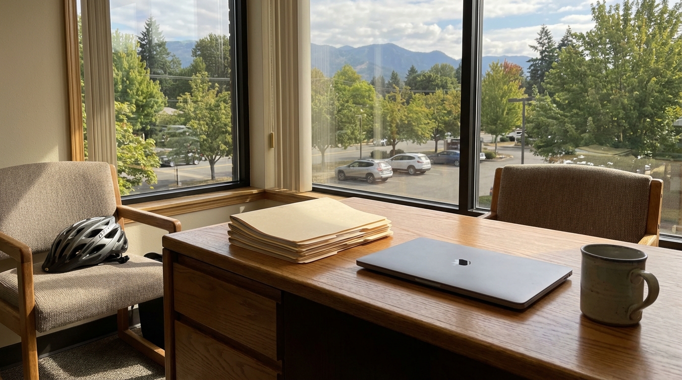 Bend Oregon E-Bike Crash Attorney Office With Helmet and Case Files