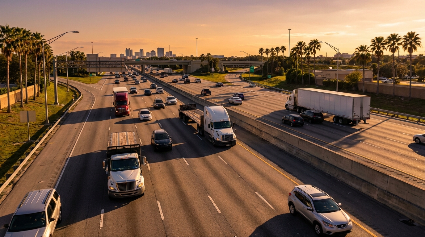 Semi Trucks on Orlando Highway at Sunset